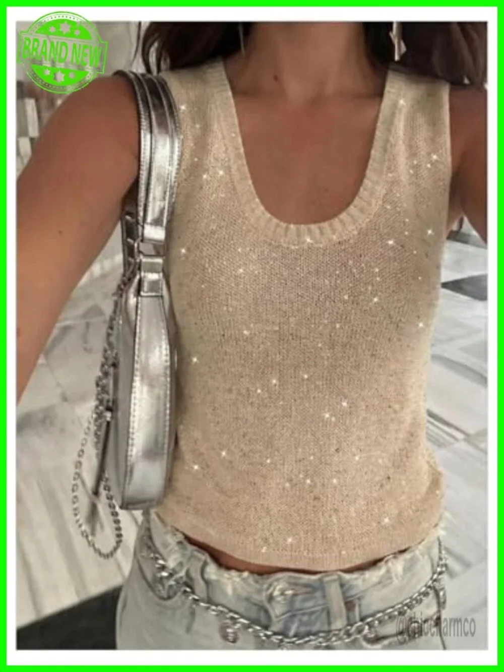 Sequin Embellished Sleeveless Knit Sweater Vest Scoop Neck Tank Top